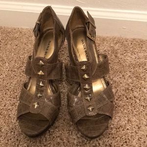 Faux snakeskin, studded heels